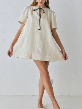 Cream Short-Sleeve Mini Dress with Tie Neck